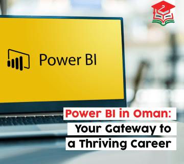 An educational poster showing a yellow Power BI box and a laptop screen, representing Power BI training for career growth in Oman – Oman Learn